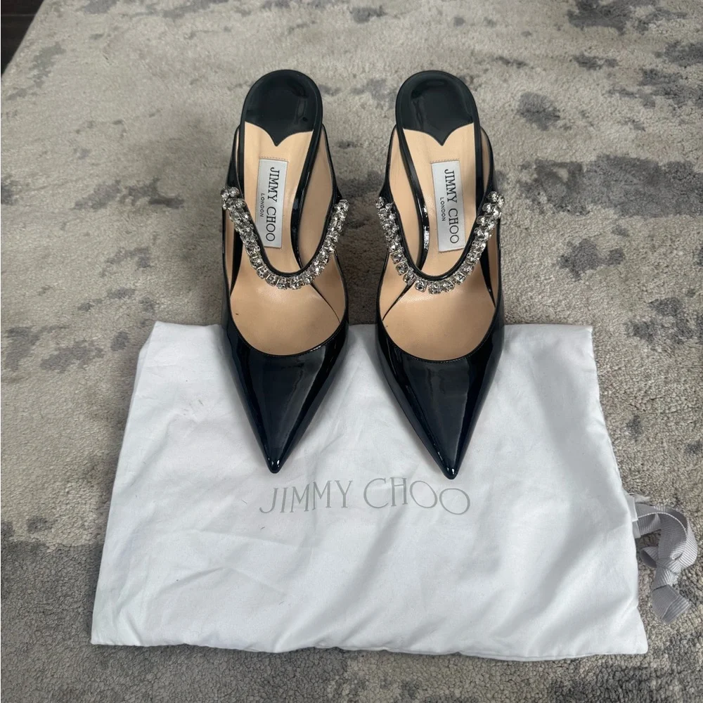 Jimmy Choo Bing 100 Black Patent Pumps Mules Heels w/ Crystal Strap 38.5 - Picture 6 of 11